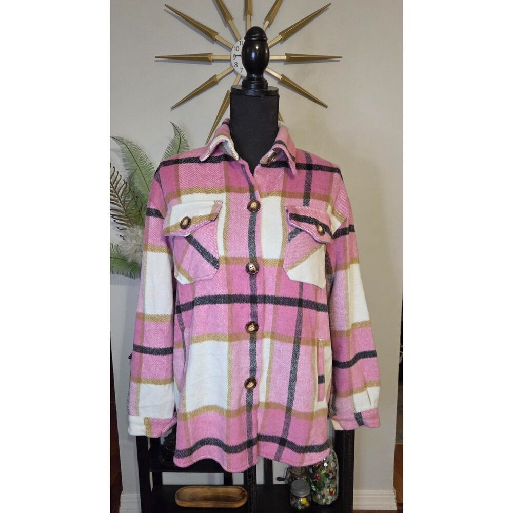 Pink Plaid Super Plush Sherpa Button-Up-Size Small